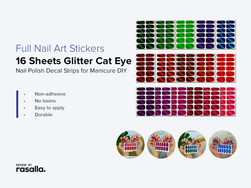 16 Sheets Glitter Cat Eye Full Nail Art Stickers - Self-Adhesive Nail Polish Decal Strips For Manicure Diy